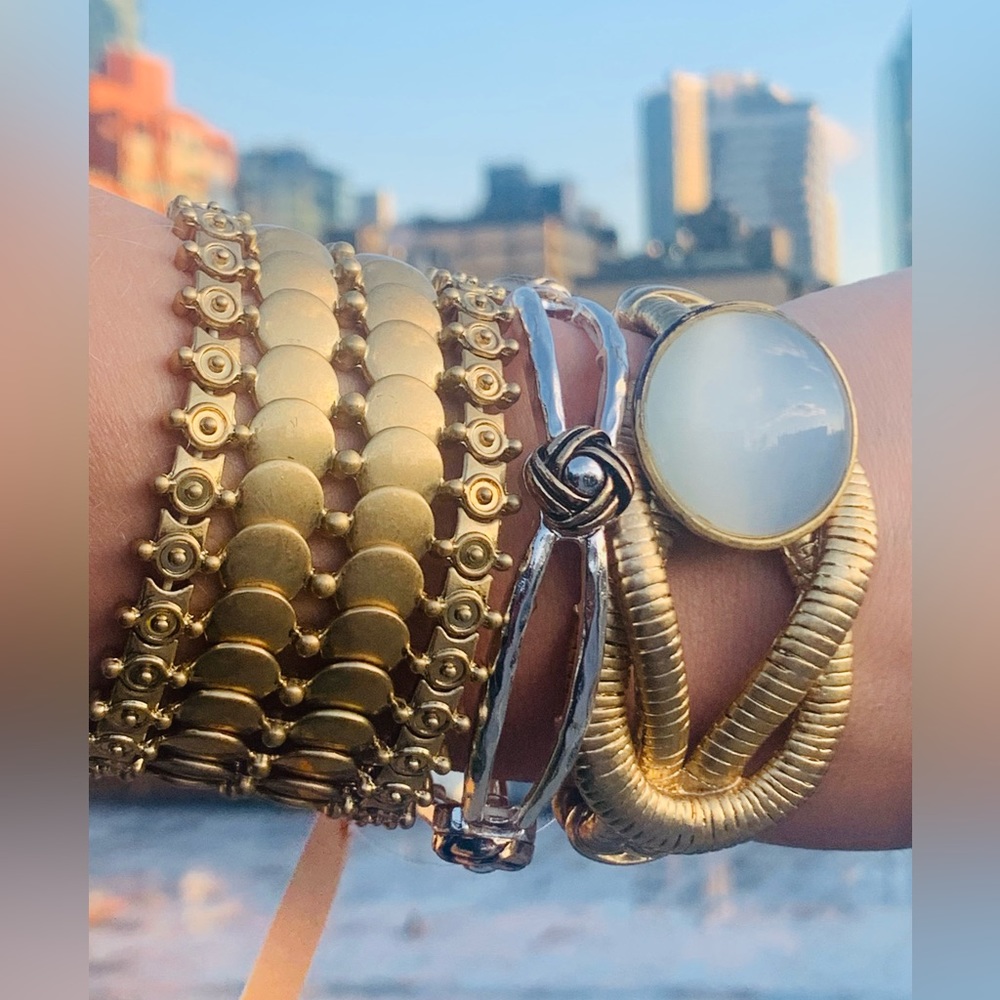 2 Vintage Lux Knot 🐍 Reptile Skin Big Tiger Cat Eye Magnet Bangle Gold Bracelet